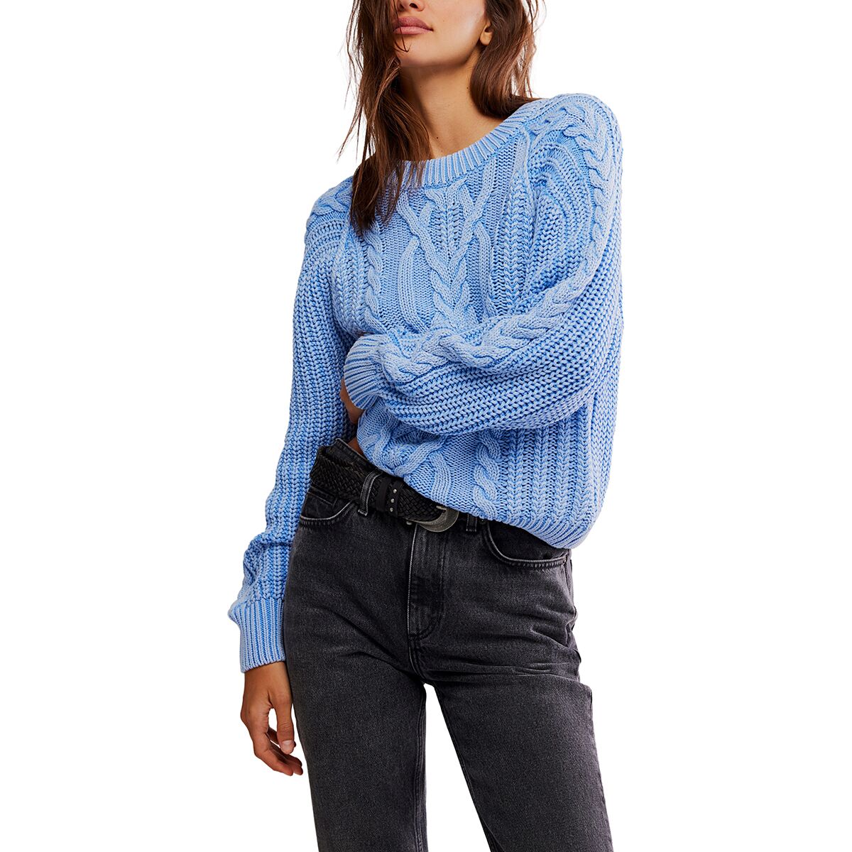 Free People Women's Frankie Cable Sweater in Della Robbia Blue - Size: Small