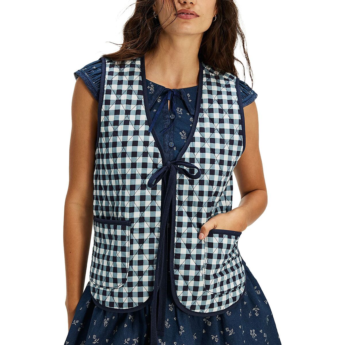 Free People Women's Claudine Vest in Navy Gingham - Size: XL