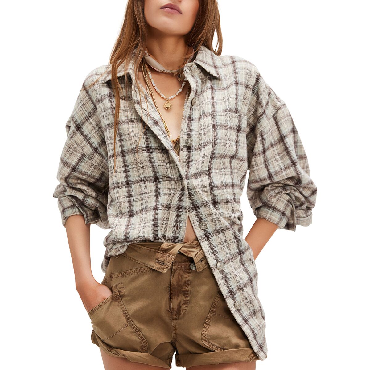 Free People Women's Ashley Plaid Long-Sleeve Shirt in Ivory Combo - Size: XL