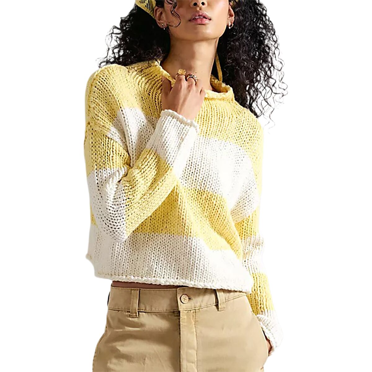 Free People Women's Opal Rugby Stripe Sweater in Lemon Combo2 - Size: XL