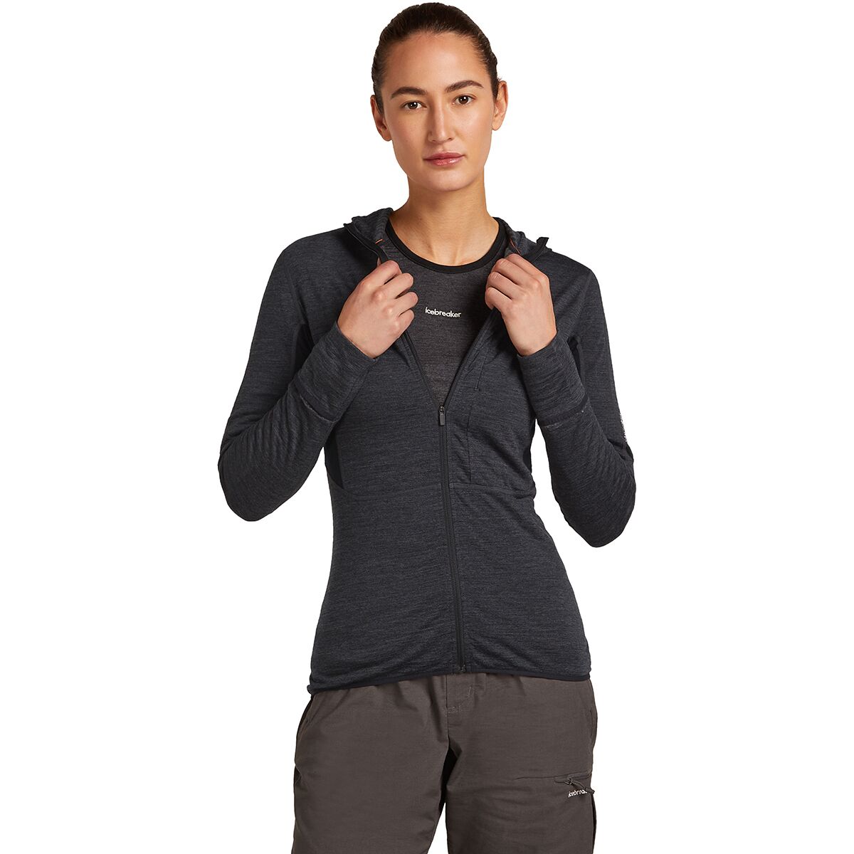 Icebreaker Women's Merino Blend 200 RealFleece Descender Zip Hoodie in Jet Heather / Black / Cb - Size: Medium