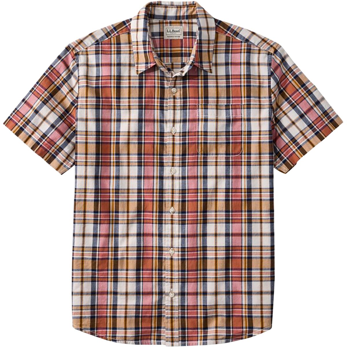 L.L.Bean Men's Madras Slightly Fitted Short-Sleeve Seersucker Shirt in Sienna Brick - Size: Medium