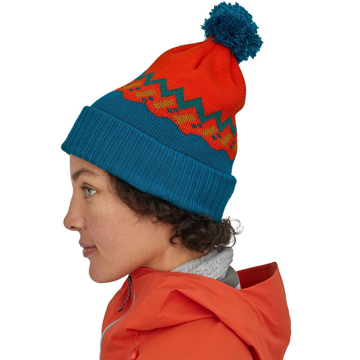Patagonia Women\'s Blue and Red Winter Beanie One Size Patagonia Hat Cap Powder Town Beanie Womens Knit Pom  main image 3