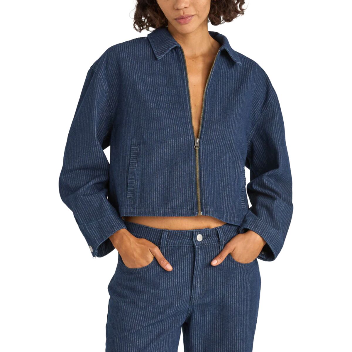 Rhythm Women's Pinstripe Cropped Jacket in Indigo - Size: Large