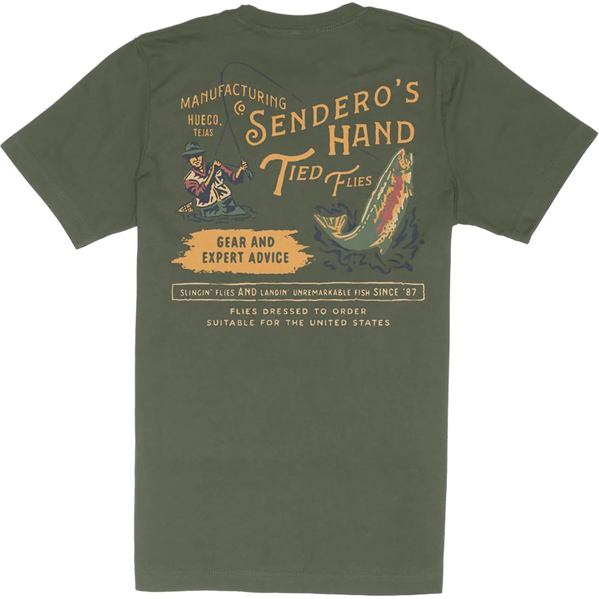 Sendero Provisions Co. Men's Hand Tied Flies T-Shirt in Army Green - Size: XL