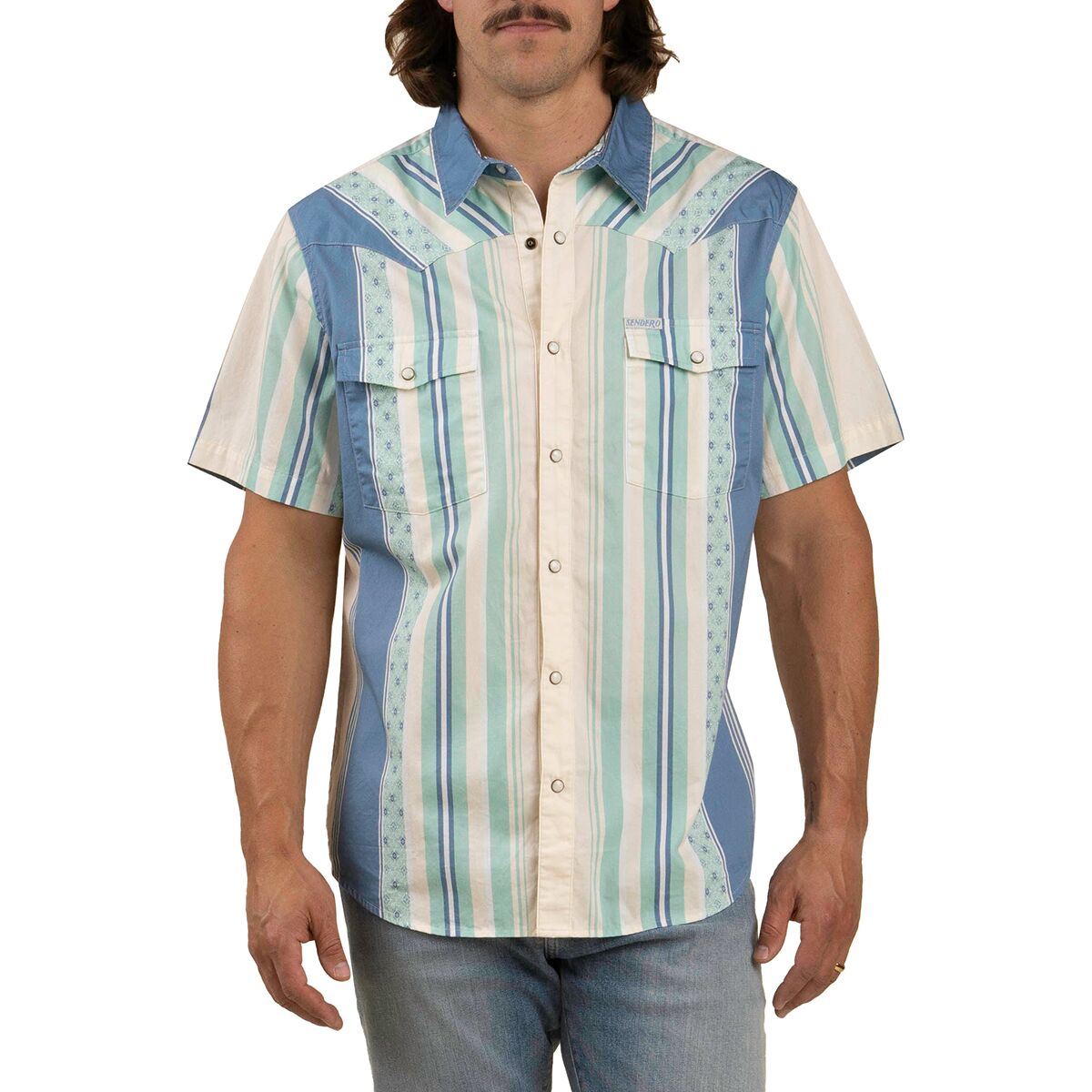 Sendero Provisions Co. Men's Serape Pearl Snap Short-Sleeve Shirt in Retro Stripe / Teal - Size: Large