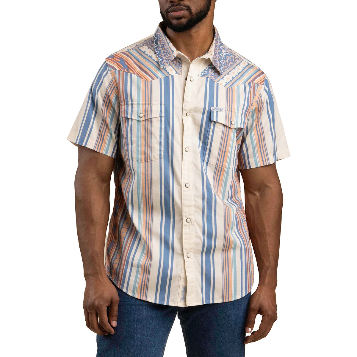 Sendero Provisions Co. Men's Serape Pearl Snap Short-Sleeve Shirt in Western Stripe / Indigo - Size: Small