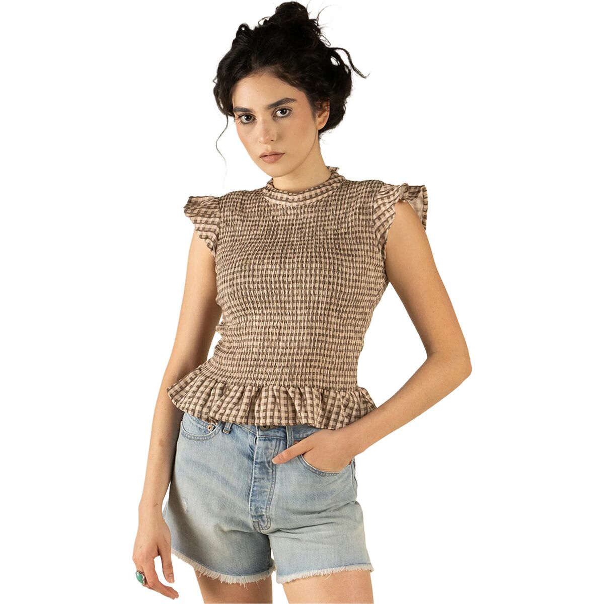 Sendero Provisions Co. Women's The Hattie Smock Top in Picnic Check / Brown / Cream - Size: Medium