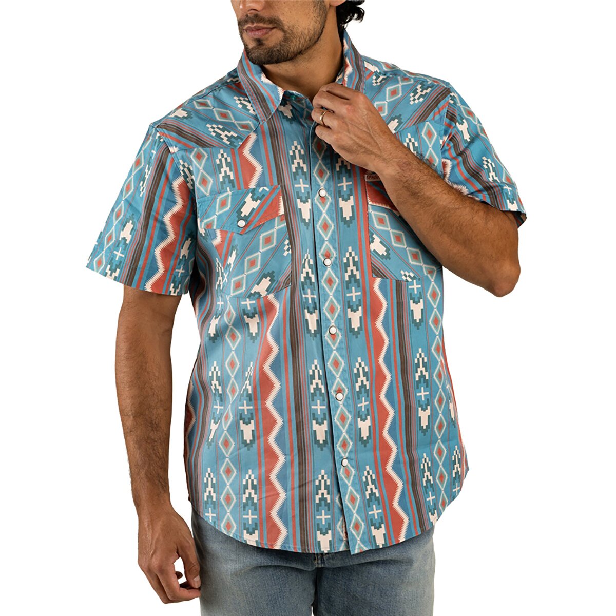 Sendero Provisions Co. Men's The Wyatt Pearl Snap SS Print Shirt in Nogales Stripe / Turquoise - Size: Small