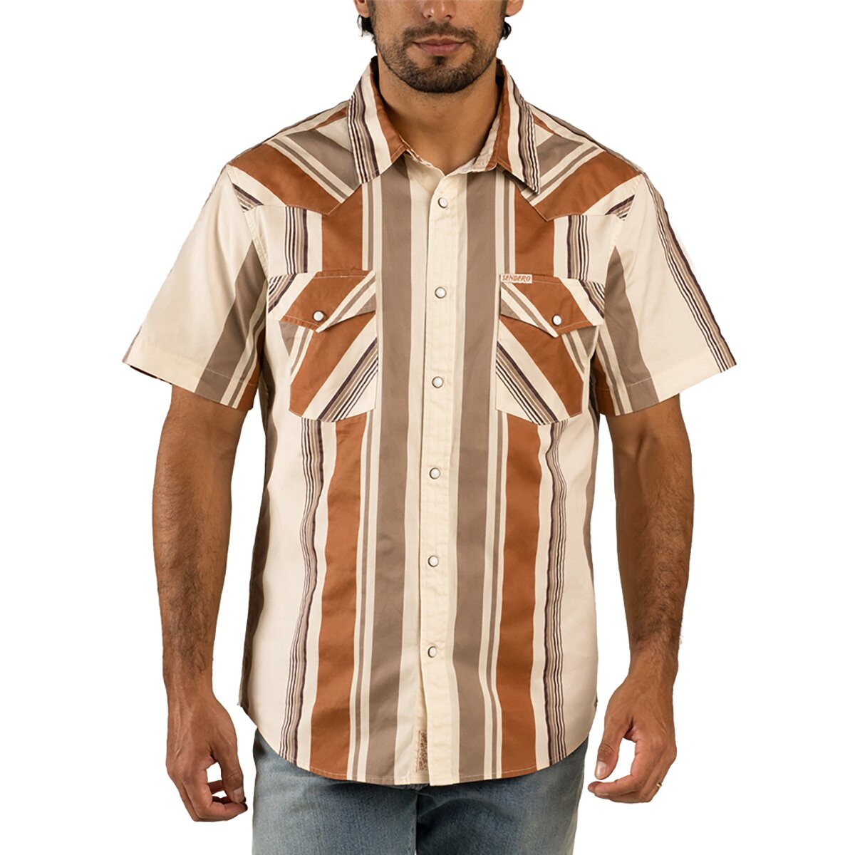 Sendero Provisions Co. Men's The Wyatt Pearl Snap SS Print Shirt in Stagecoach Stripe / Saddle - Size: Large