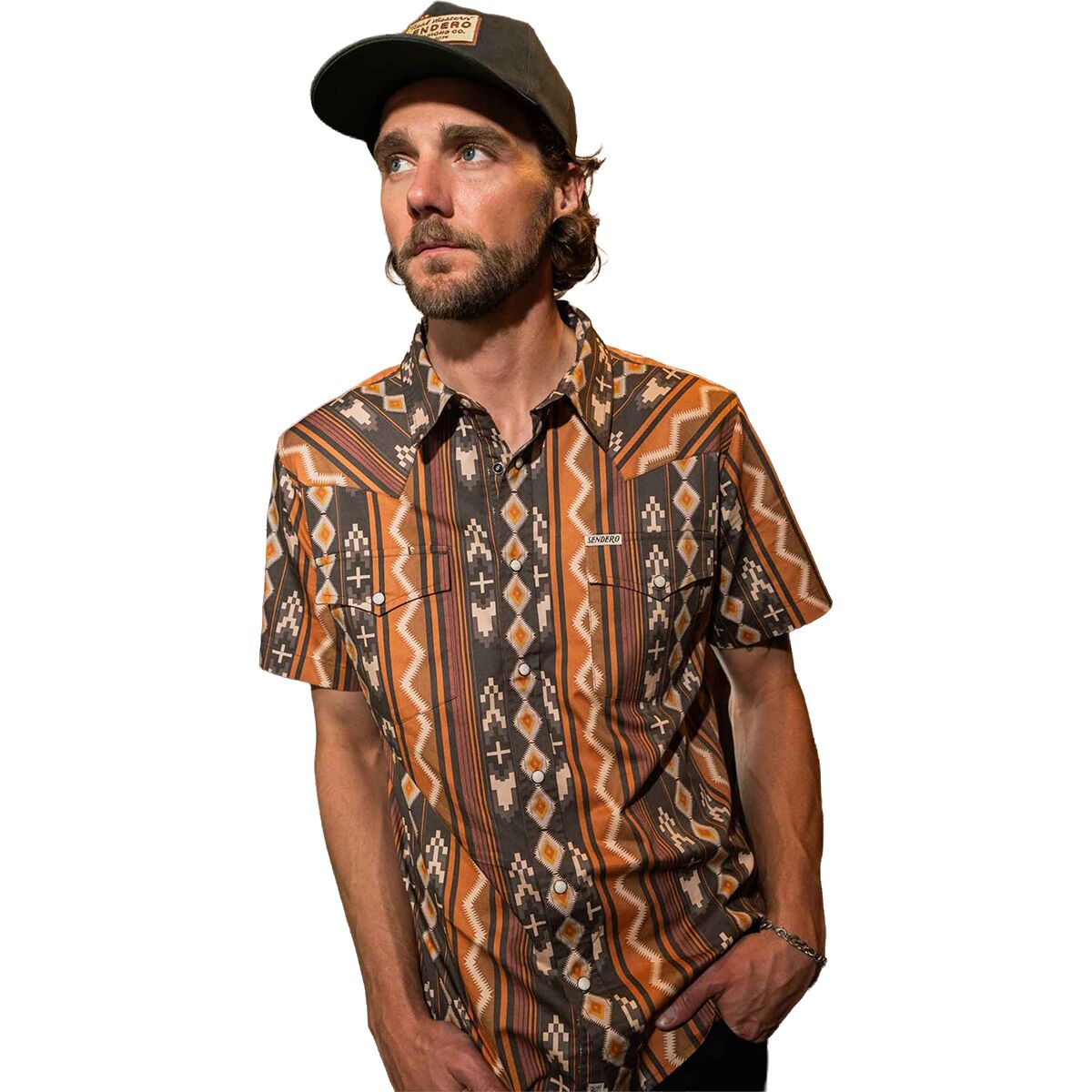 Sendero Provisions Co. Men's The Wyatt Pearl Snap SS Print Shirt in Tempe Stripe / Brown / Orange - Size: Medium