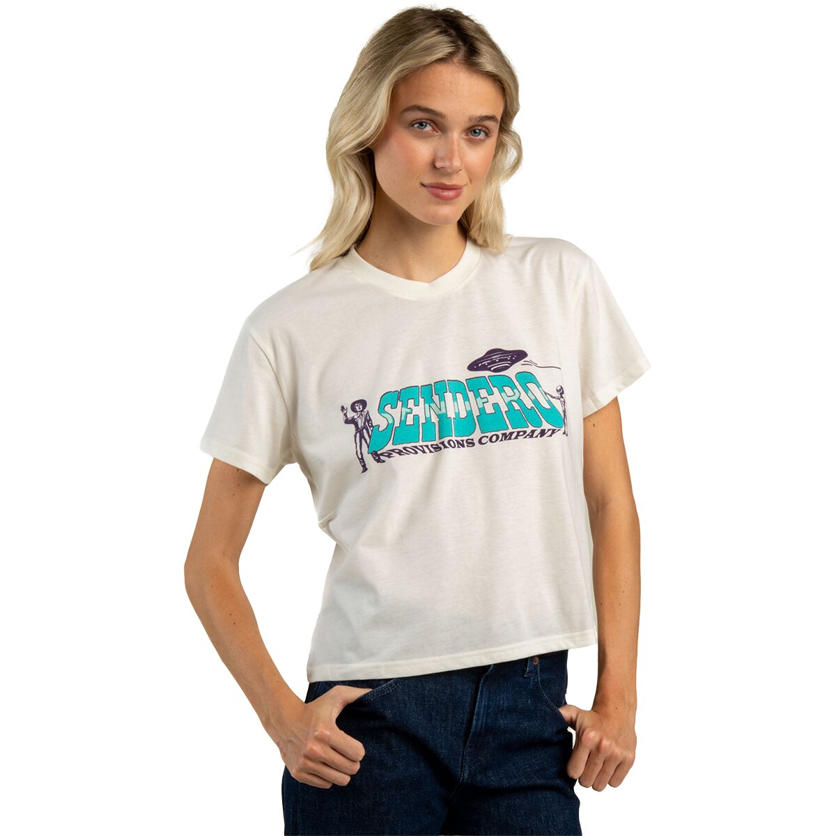 Sendero Provisions Co. Women's Cowboy Lift Off Boxy T-Shirt in Vintage White - Size: Large