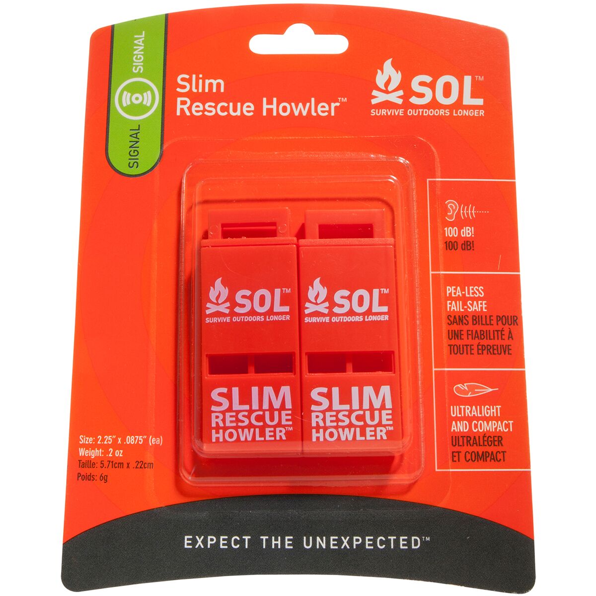 S.O.L Survive Outdoors Longer Slim Rescue Howler Whistle - 2-Pack