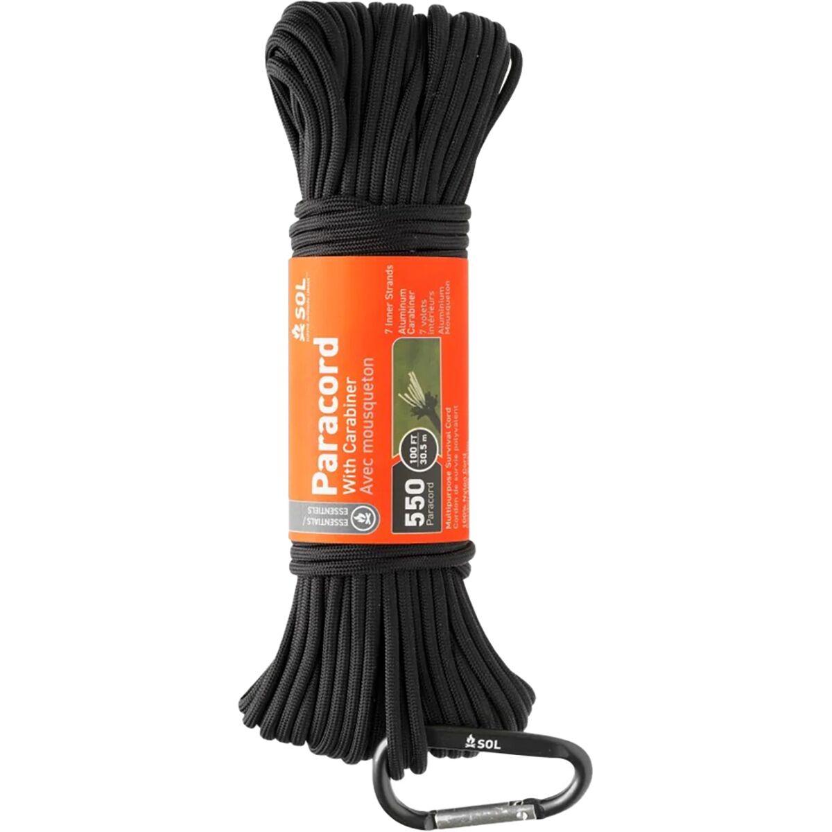 S.O.L Survive Outdoors Longer 550 Paracord + Carabiner - Size: 100ft